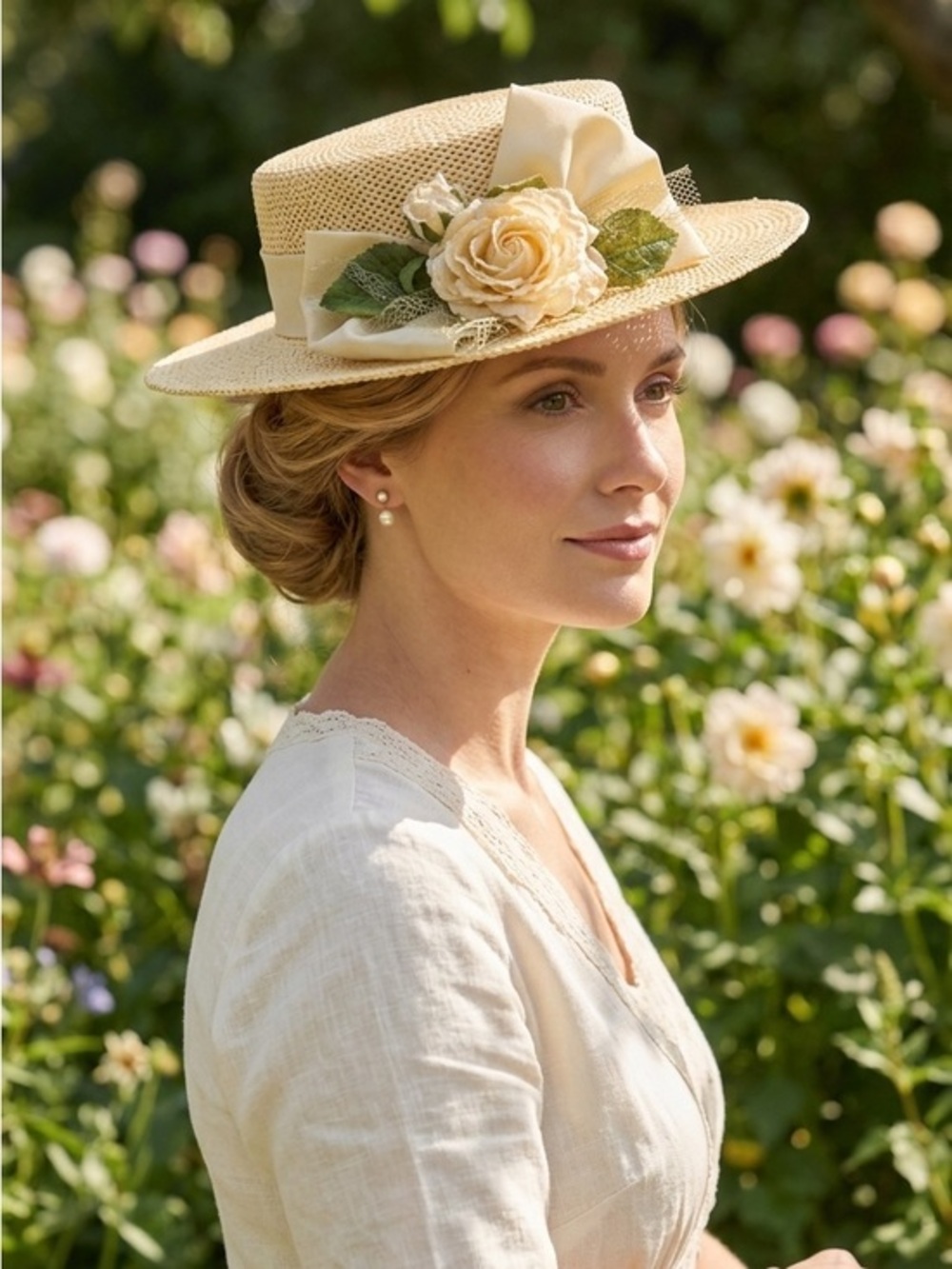 Vintage Mocha Floral Ribbon Straw Boater Hat with Decorative Rose 20th-Century